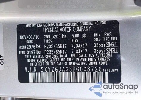 2011 Hyundai Santa Fe Gls V6 из США, поврежденный, VIN 5XYZGDAG3BG008726